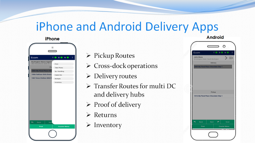 graphic showing the screen interfaces of the iPhone and Android delivery app used by the LocIT local e-commerce marketplace