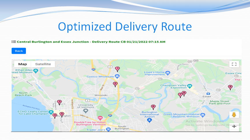 Screenshot of an optimized delivery route of delivery drivers who deliver products purchased on the LocIT local e-commerce marketplace